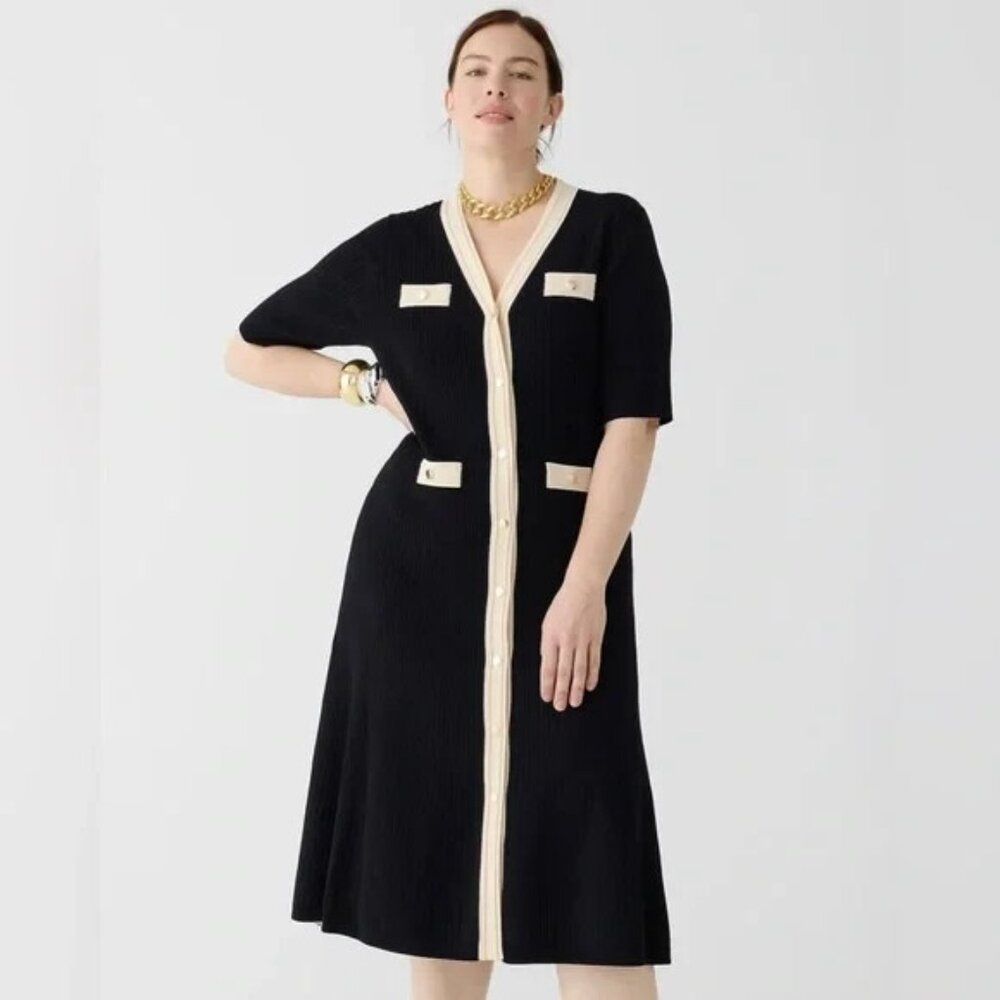 NWT J.Crew Elbow-sleeve Button-up Midi in Black Ribbed Knit Sweater Dress M - Picture 6 of 8